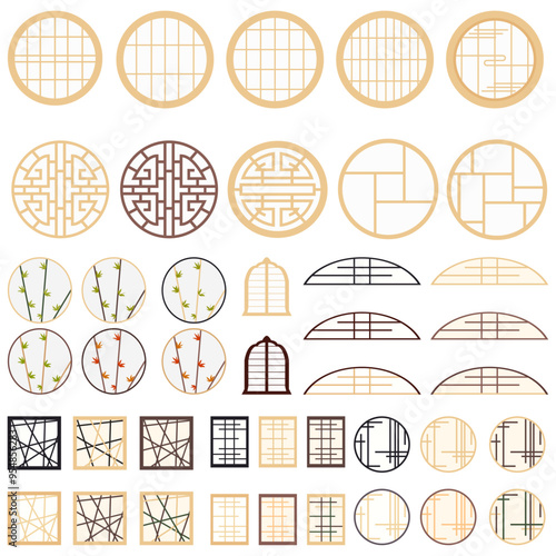 いろいろな形の障子イラストセット　ベクター　四角・丸型デザイン　和