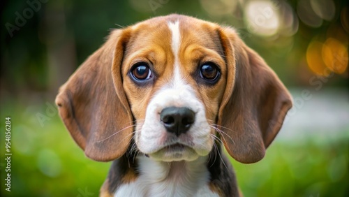 Sweet little beagle puppy gazes curiously at the camera, her big brown eyes sparkling with wonder, floppy ears