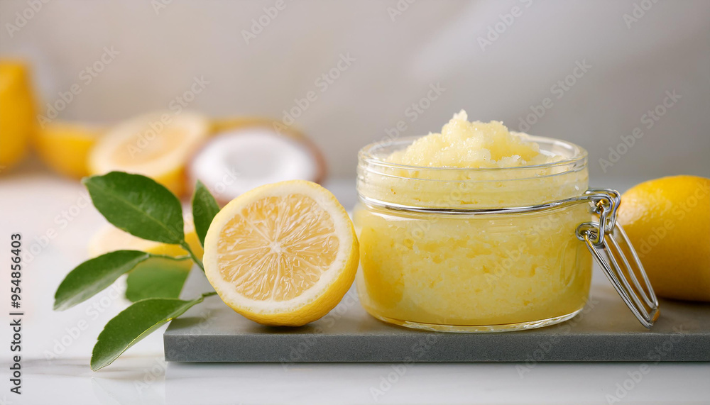 Jar of lemon body scrub on marble table. Skin care routine. Homemade cosmetics. Beauty product Jar of lemon body scrub on marble table. Skin care routine. Homemade cosmetics. Beauty product