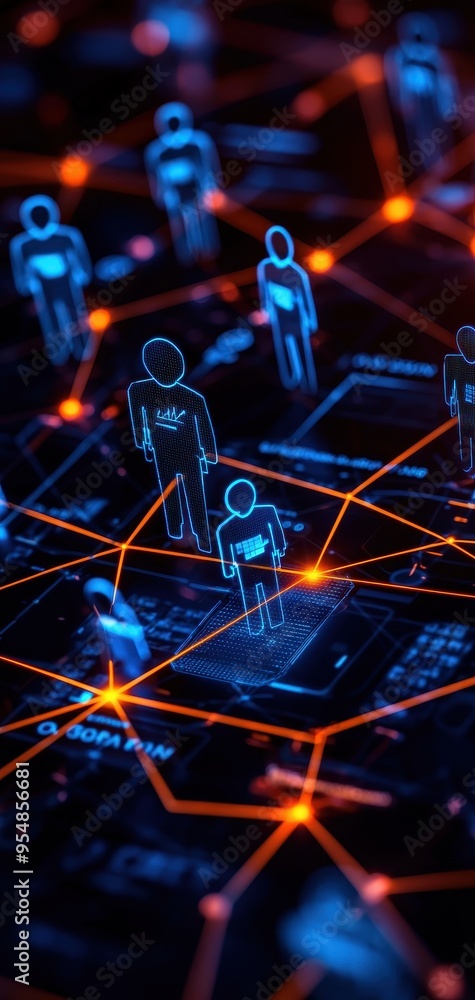 Obraz premium Abstract digital network with glowing figures representing connection and communication in a technology-driven world.