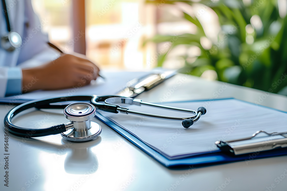 Stethoscope on a table in a medical clinic, with a blurred doctor using a laptop computer while writing medical records on a table. Stethoscope on a table in a medical clinic, with a blurred doctor using a laptop computer while writing medical records on a table.