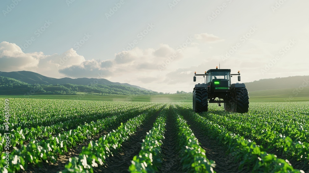 Tractor Plowing a Verdant Agricultural Field with Mountains in the Distance Tractor Plowing a Verdant Agricultural Field with Mountains in the Distance
