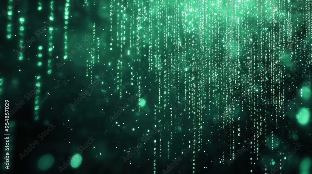a binary code stream in green, cascading down like digital rain, reminiscent of the Matrix a binary code stream in green, cascading down like digital rain, reminiscent of the Matrix