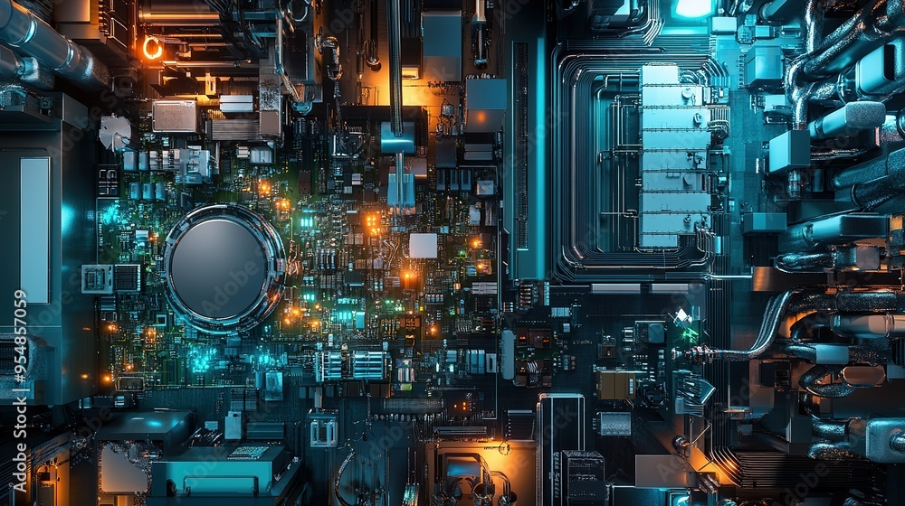 A close-up view of a futuristic circuit board with vibrant lights and intricate components A close-up view of a futuristic circuit board with vibrant lights and intricate components