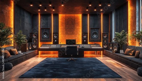 Modern recording studio with black and orange lighting, soundproof walls made of dark wood panels, a black desk in the center, surrounded by large speakers and high-end audio equipment