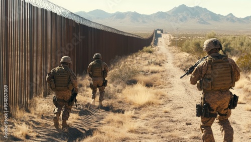 Soldiers Patrol U.S.-Mexico Border Wall in Desert Area with Mountainous Background