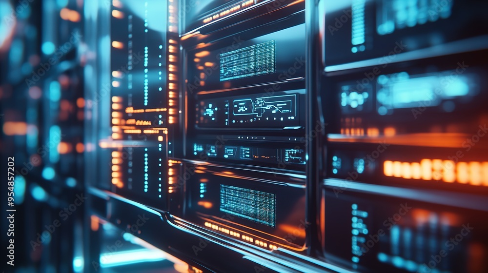 A detailed view of a futuristic data center showcasing bright lights and advanced technology at night A detailed view of a futuristic data center showcasing bright lights and advanced technology at night