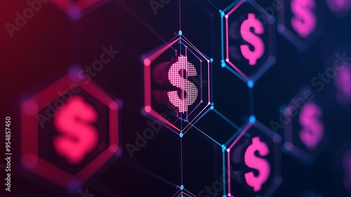 Digital finance concept featuring hexagonal shapes with dollar signs on a vivid background, symbolizing modern currency and technology. photo