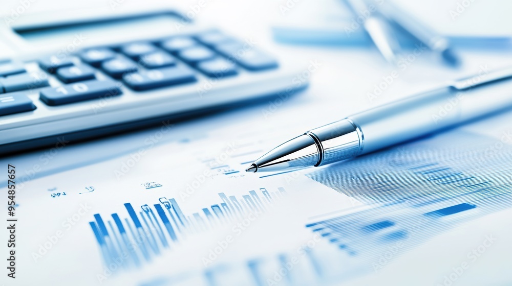 a calculator, ledger, and pen overlaid with transparent financial data, symbolizing accounting and finance a calculator, ledger, and pen overlaid with transparent financial data, symbolizing accounting and finance