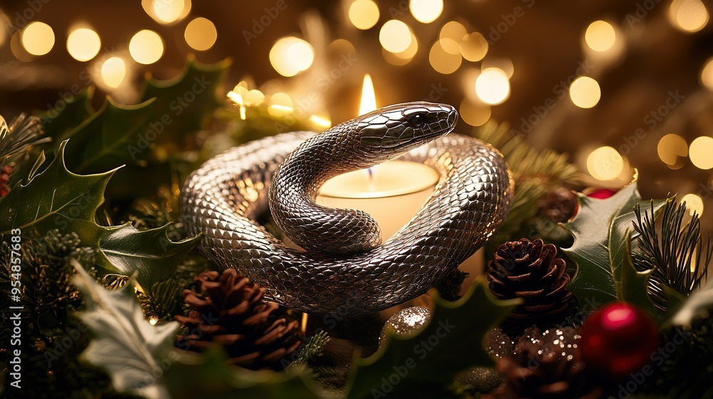 A silver snake coils around a candle in a festive arrangement with pine cones and holiday greenery A silver snake coils around a candle in a festive arrangement with pine cones and holiday greenery