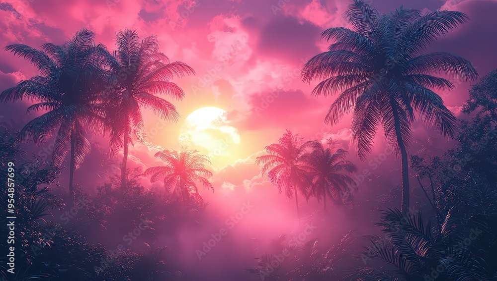 Neon lights in the jungle, foggy with palm trees, in a neon pink and blue color scheme. Neon lights in the jungle, foggy with palm trees, in a neon pink and blue color scheme.