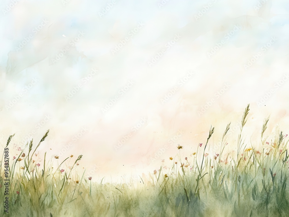 Watercolor Painting of a Summer Meadow with Sky Background. Watercolor Painting of a Summer Meadow with Sky Background.