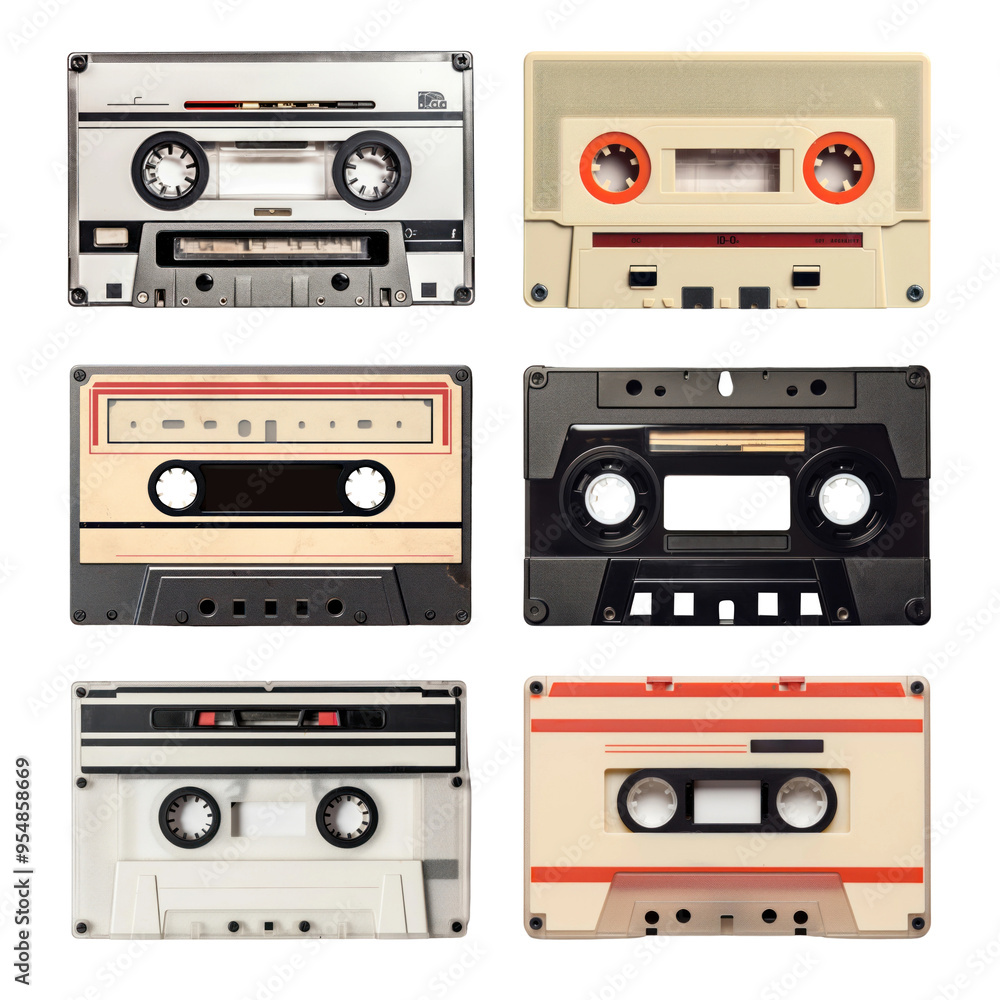 Fototapeta premium PNG vintage cassette tape element set, transparent background