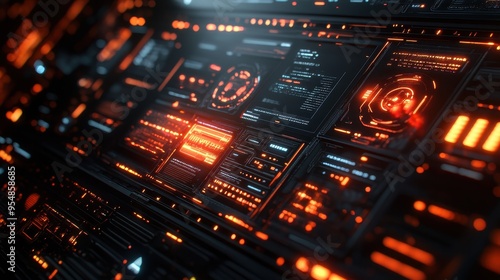 Futuristic Digital Interface with Orange Glowing Lights - Sci-fi Technology Background.