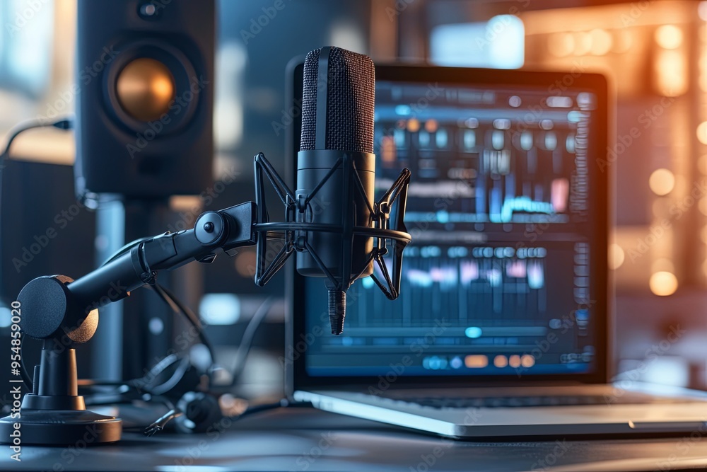 Fototapeta premium A close-up view of a microphone connected to a laptop displaying audio editing software during a studio recording session