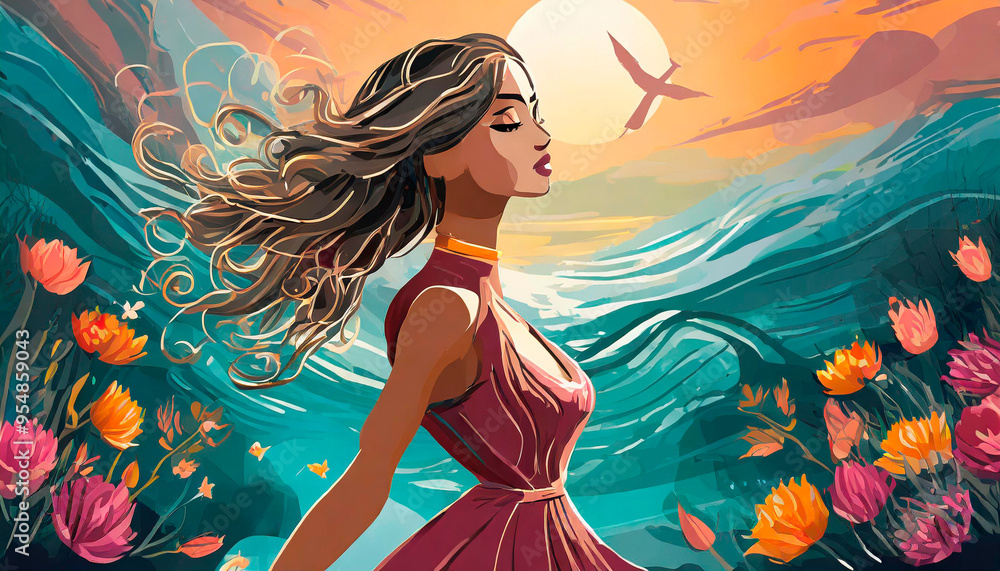 An illustration depicting a young woman, her hair billowing in the wind, amidst nature, encircled by flowers with a sunset backdrop. An illustration depicting a young woman, her hair billowing in the wind, amidst nature, encircled by flowers with a sunset backdrop.