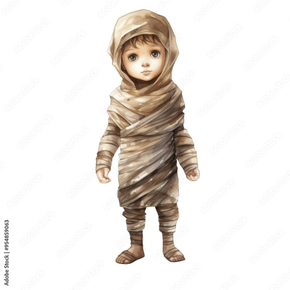 A young child, wearing a brown hooded cloak, looks forward. A young child, wearing a brown hooded cloak, looks forward.