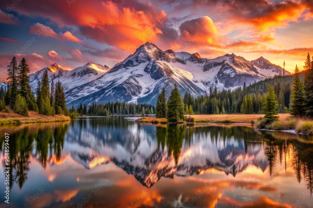 Fototapeta premium Peaceful Mountain Sunset with Snow-Capped Peaks and Reflections showcases vivid colors of pink and orange hues casting a warm glow on the snow-covered mountains