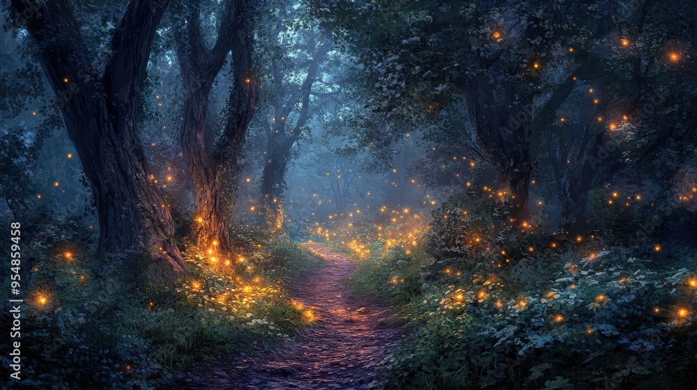 Enchanting Path Through a Mystical Forest with Glowing Fireflies at Dusk. Enchanting Path Through a Mystical Forest with Glowing Fireflies at Dusk.