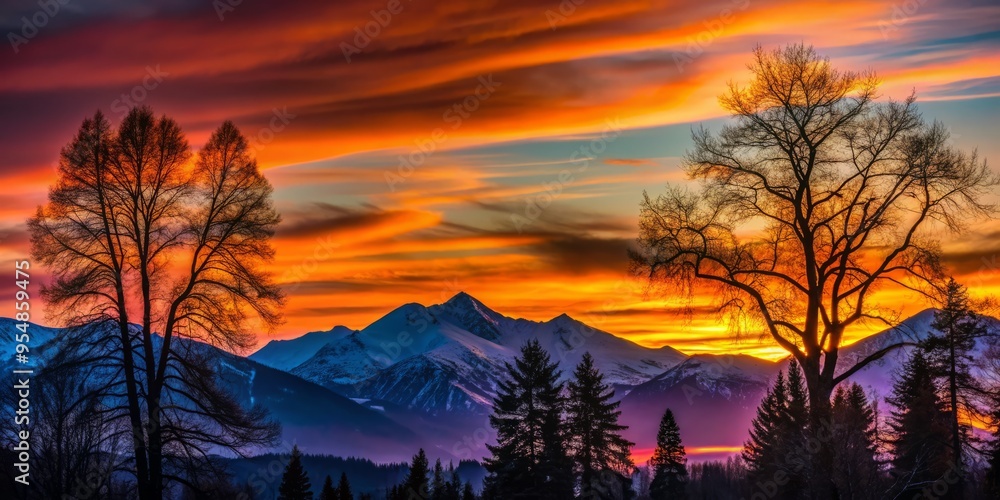Obraz premium Dark silhouettes of trees stand stark against the vibrant colors of the sunset, as the snow-covered mountains rise up in the background.