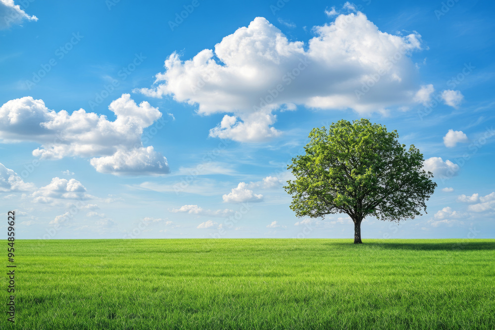 Tree stands in the middle of a green field under a bright blue sky with white clouds Tree stands in the middle of a green field under a bright blue sky with white clouds