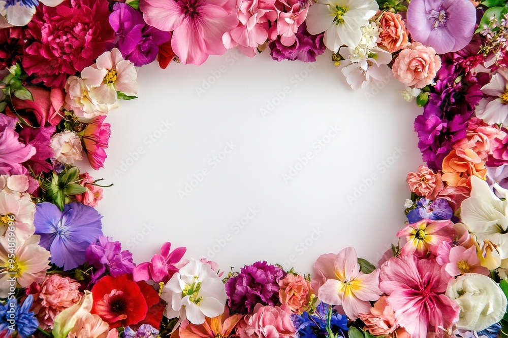 A vibrant floral frame made up of a variety of colorful flowers surrounding a blank white card A vibrant floral frame made up of a variety of colorful flowers surrounding a blank white card