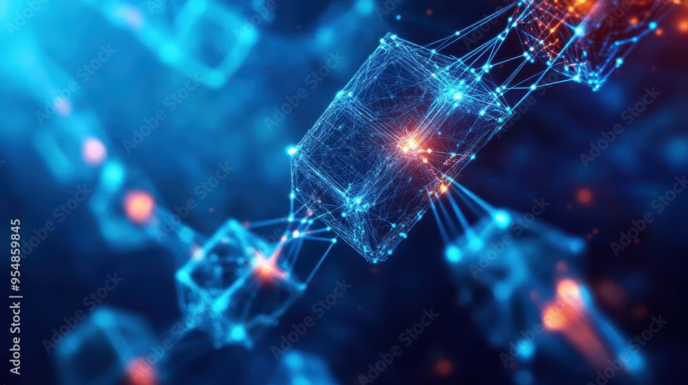 Abstract Blue and Orange Digital Network Connection with Cubes, Lines, and Glowing Lights.