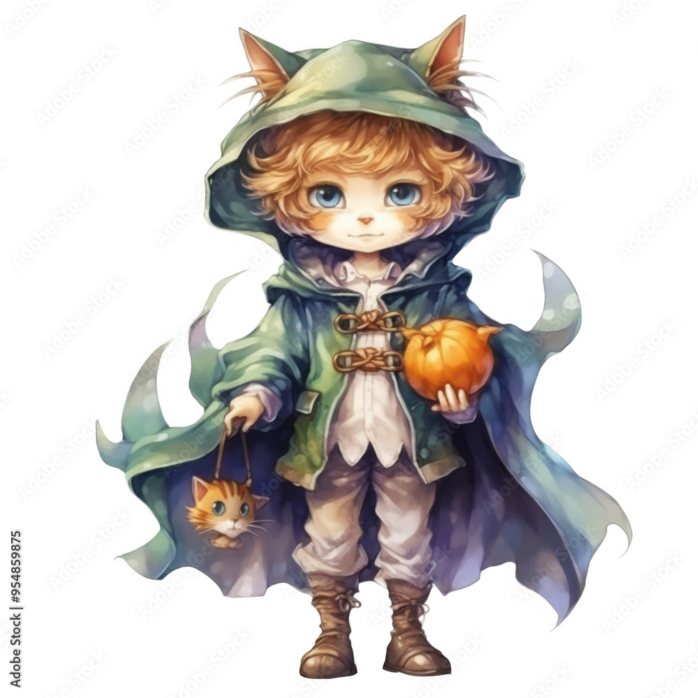 A Cat-Eared Character Dressed in a Green Hooded Robe, Holding a Pumpkin and a Small Cat A Cat-Eared Character Dressed in a Green Hooded Robe, Holding a Pumpkin and a Small Cat