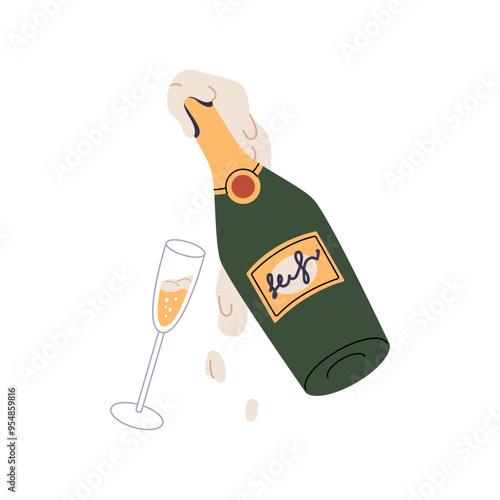 Open bottle of champagne with foam and glass. Fizzy wine for Christmas, New Year celebration. Carbonated alcohol drink for Xmas, winter holiday. Flat isolated vector illustration on white background
