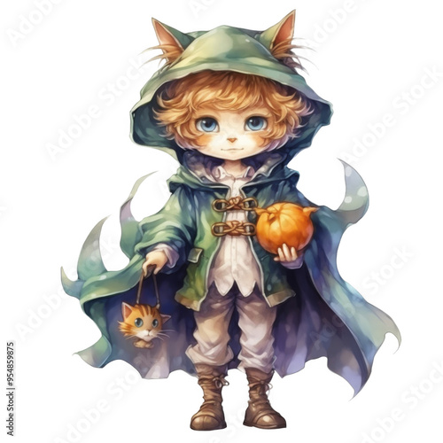 A Cat-Eared Character Dressed in a Green Hooded Robe, Holding a Pumpkin and a Small Cat