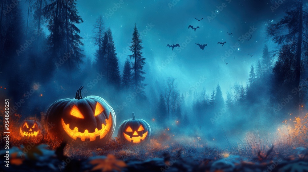 a Halloween-themed background with spooky jack-o'-lanterns and dark, misty forests a Halloween-themed background with spooky jack-o'-lanterns and dark, misty forests