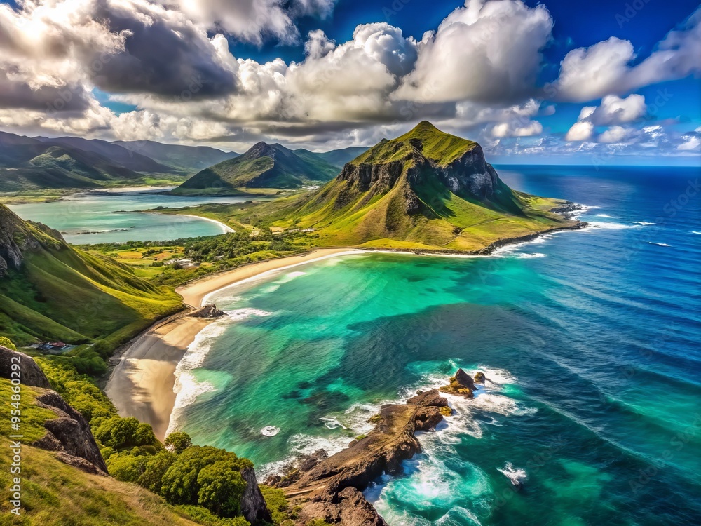 Obraz premium The scenic Kaena Point landscape unfurls, featuring a rugged coastline, emerald green hills, and vibrant turquoise