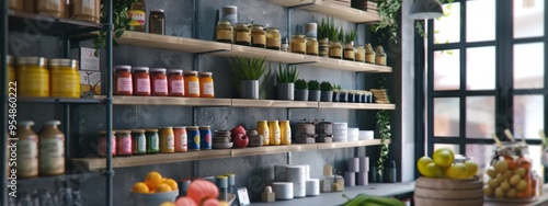 Cozy Shop Interior with Shelves of Jars and Plants