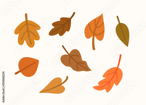 Isolated autumn leaves illustration. Flat style vector drawing. 