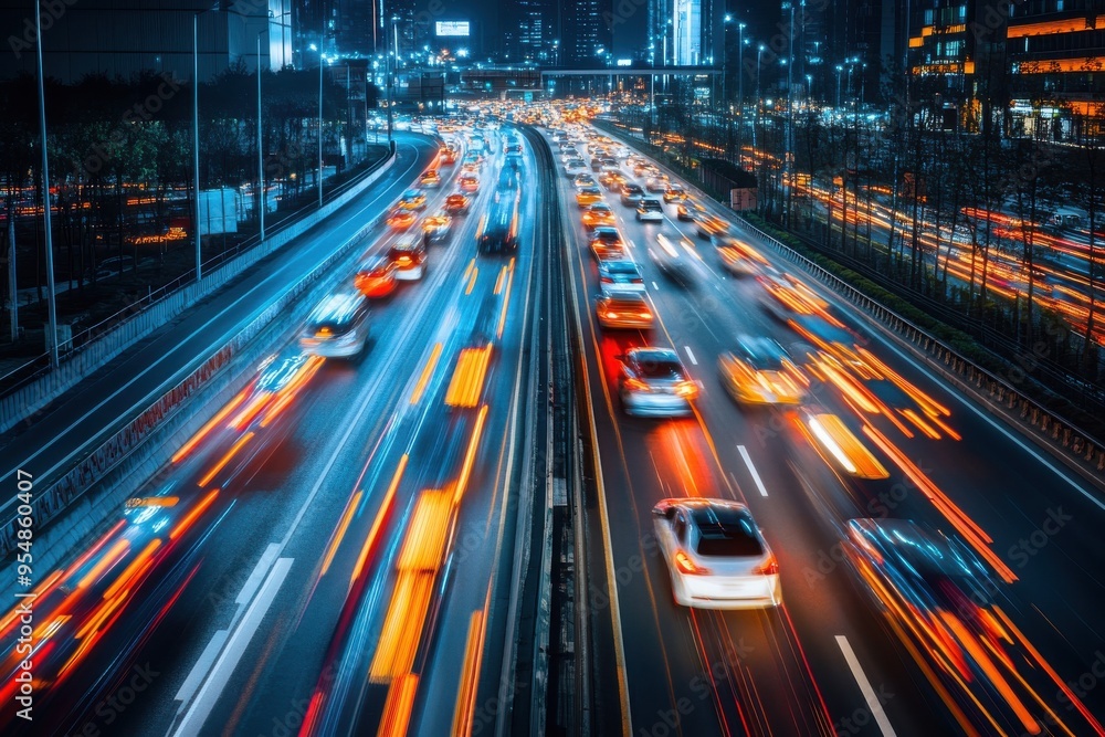 A vibrant image of city life showing a busy highway at night with cars in motion A vibrant image of city life showing a busy highway at night with cars in motion
