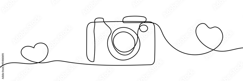 Continuous single line camera with hearts one line art drawing illustration art on camera