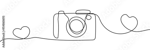 Continuous single line camera with hearts one line art drawing illustration art on camera
