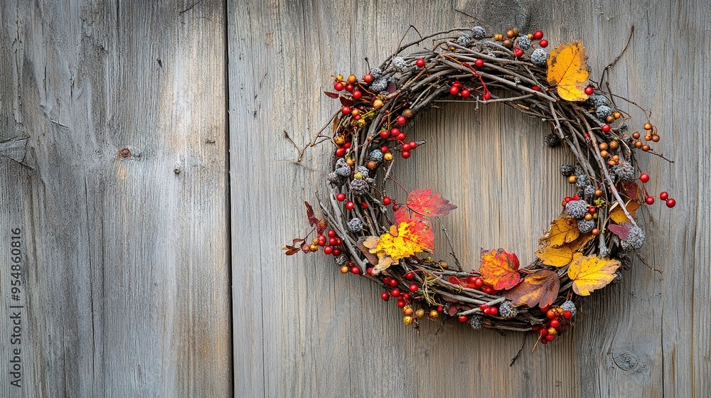 Autumn wreath made of twigs, berries, and colorful leaves hanging on a rustic wooden door in a serene outdoor setting Autumn wreath made of twigs, berries, and colorful leaves hanging on a rustic wooden door in a serene outdoor setting