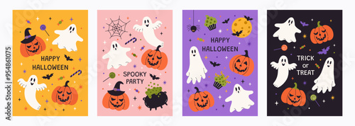 Set of cute trendy minimalist Halloween posters with funny ghosts, pumpkins, bats and candy. Modern flat holiday background. Vector design template for cards, cover, banner, flyer, web, social media.