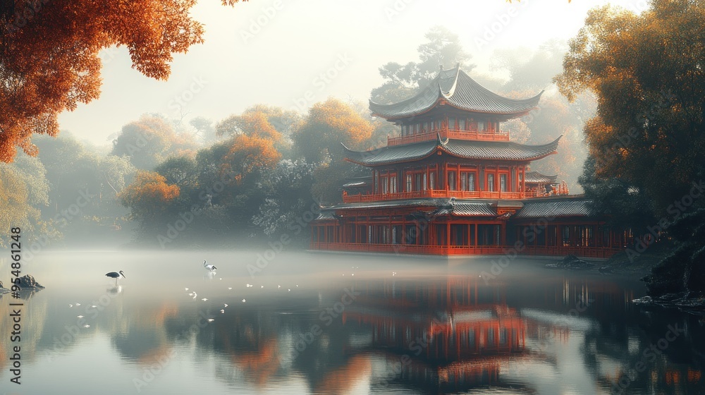 Serene landscape featuring a traditional pagoda by a misty lake. Serene landscape featuring a traditional pagoda by a misty lake.
