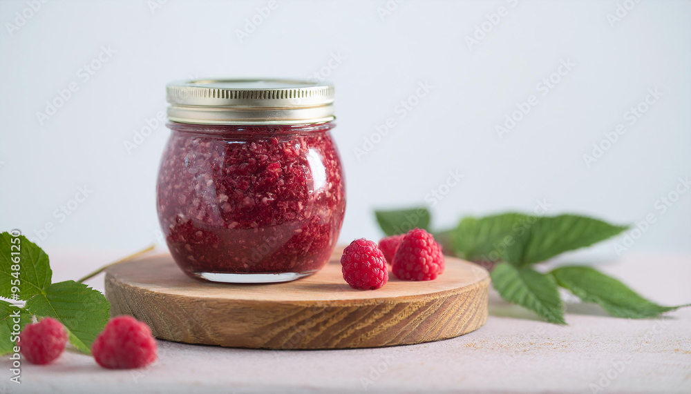 Jar of raspberry body scrub. Homemade cosmetics. Beauty product, organic ingredients. Close-up. Jar of raspberry body scrub. Homemade cosmetics. Beauty product, organic ingredients. Close-up.
