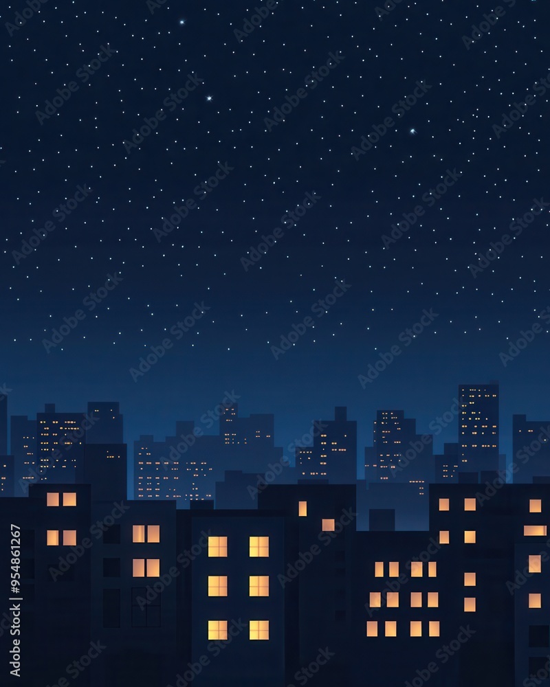 Night City Skyline Illustration with Starry Sky Night City Skyline Illustration with Starry Sky
