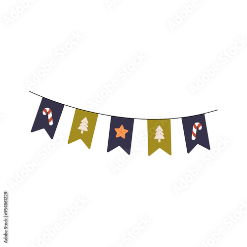 Paper garland with Christmas pattern. Cute ribbon of flags for Xmas celebration. Winter holiday decoration. Traditional decor of New Year. Flat isolated vector illustration on white background