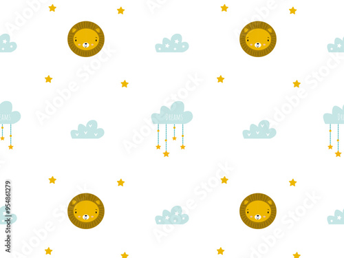 a funny pattern with a lion cub and clouds on a white background for kids