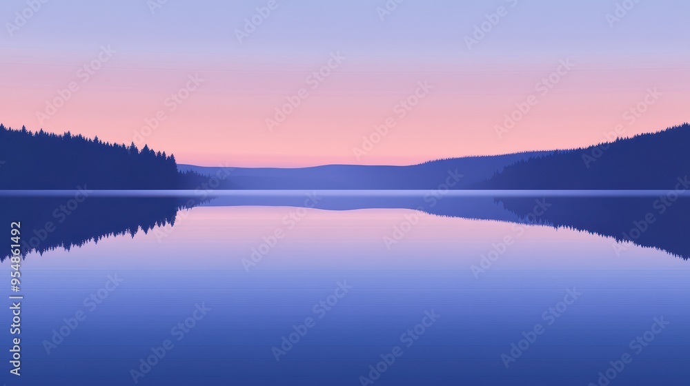 Fototapeta premium Serene Sunset Over a Still Lake with Silhouetted Forest