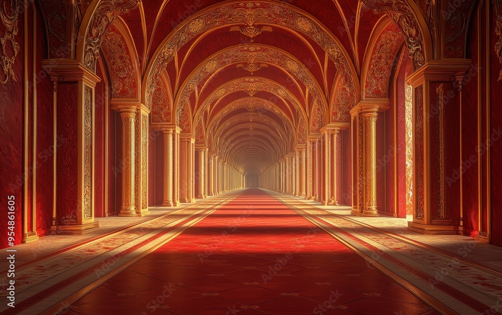 Fototapeta premium Grand Hallway with Red Walls and Gold Accents - Architectural Interior Design
