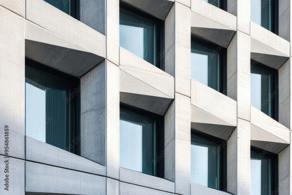 Modern office building facade with repeating geometric patterns Modern office building facade with repeating geometric patterns