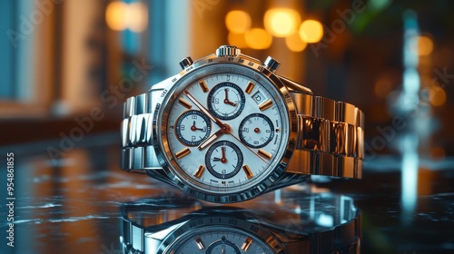 A luxury watch placed on a smooth marble surface, with reflections and flares that highlight the exquisite craftsmanship and precision. The sharp and elegant design is beautifully displayed photo