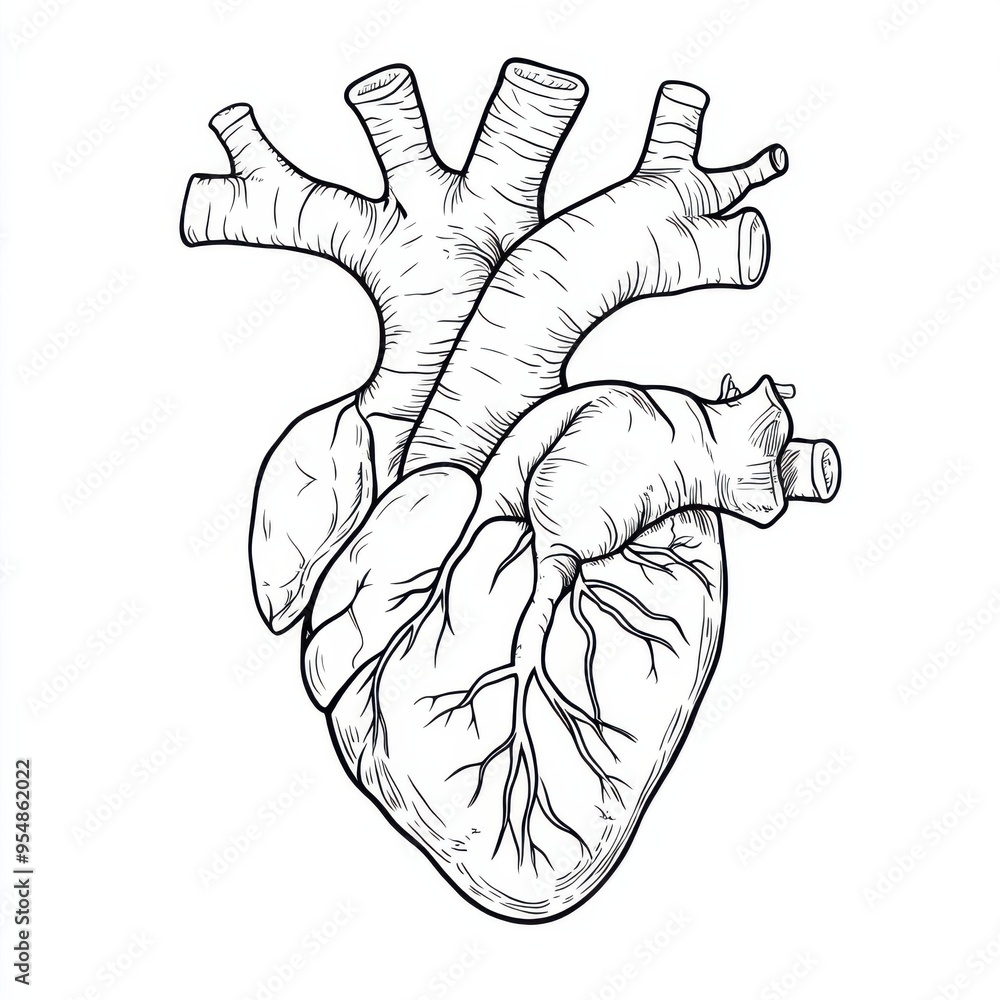 Detailed Black and White Outline of a Human Heart with Anatomical ...