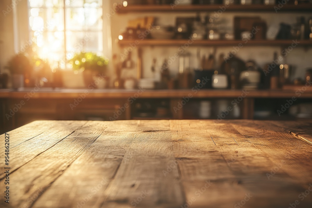 A warm and inviting kitchen scene with a focus on a rustic wooden table in the foreground A warm and inviting kitchen scene with a focus on a rustic wooden table in the foreground